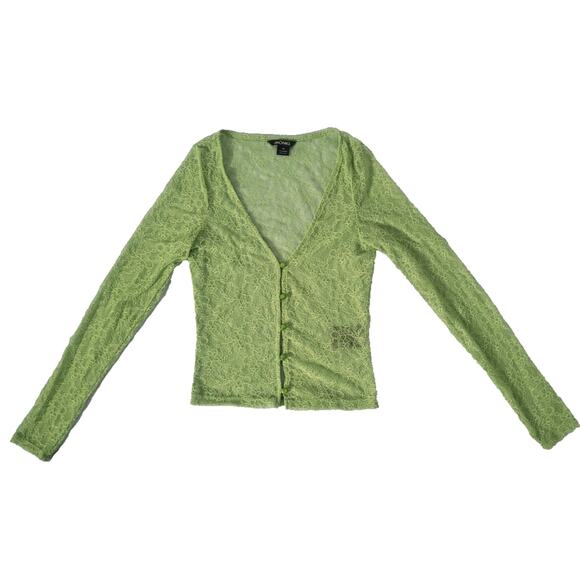 Monki Sheer Lace Button Up V-Neck Top Size XS Green Fairy Dainty Boho Y2k - Picture 1 of 8